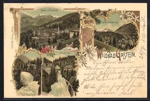 Lithographie Wildbad Gastein, Ortsansicht vom Elisabethhof aus, unterer und oberer Fall