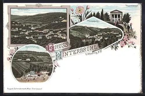 Lithographie Hinterbrühl, Ortsansicht aus der Vogelschau, Husarentempel, Höldrichsmühle