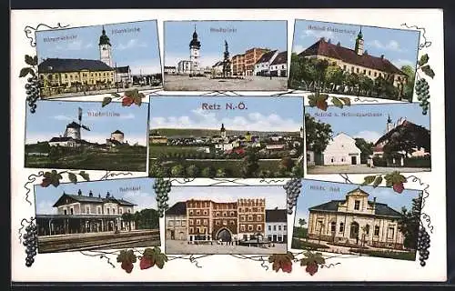 AK Retz, Bahnhof, Windmühle, Schloss Gatterburg, Städt. Bad