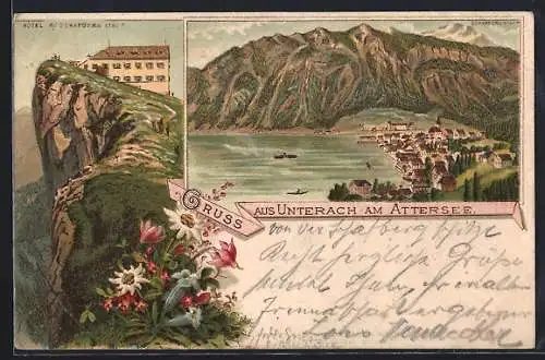 Lithographie Unterach am Attersee, Ortsansicht, Hotel auf dem Schafberg