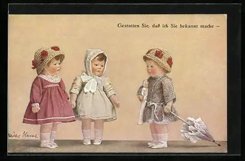 AK Käthe Kruse-Puppe, Puppen mit Puppenbaby und Schirm