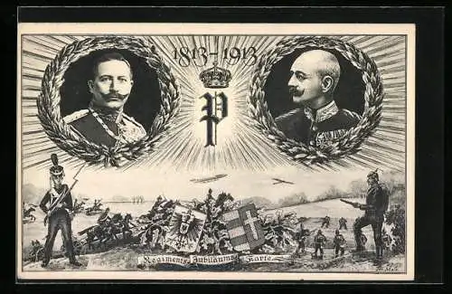 AK Regiments-Jubiläums-Karte 183-1913, Kaiser-Wilhelm-Porträt und Zeppeline