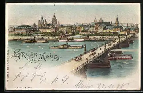 Lithographie Mainz, Dampfer an der Rheinbrücke, Halt gegen das Licht: Häuser der Stadt mit beleuchteten Fenstern