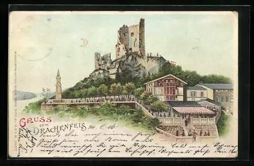 Lithographie Drachenfels, Ansicht der Burgruine mit leuchtendem Mond, Halt gegen das Licht