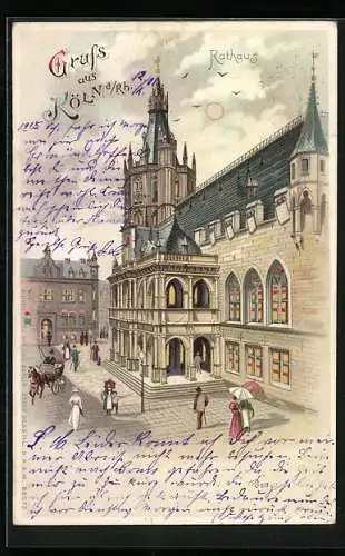 Lithographie Köln a. Rh., Rathaus, Halt gegen das Licht: beleuchtete Fenster