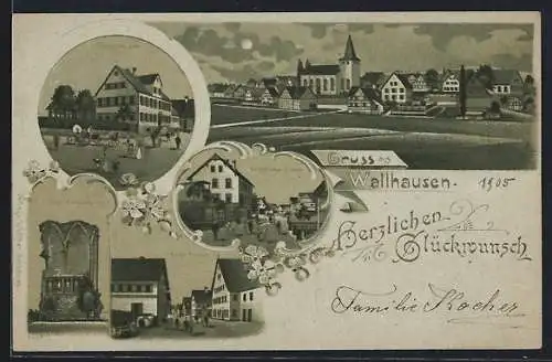 Mondschein-Lithographie Wallhausen / Württ., Gasthaus zum Lamm, Ruine Anhausen, Haupt-Strasse, Hengstfelder Strasse