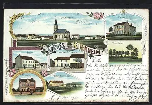 Lithographie Kirchheim / Eifel, Haus v. P. Luderath, Schule, Pastorath, Schweinheimer Kloster, Hohnseck, Ortsansicht