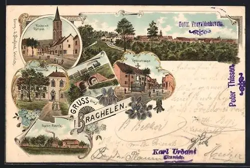 Lithographie Brachelen, Papierfabrik, Kirche mit Rathaus, Schloss Blumenthal