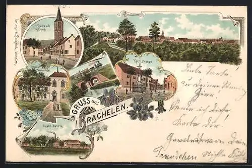 Lithographie Brachelen, Papierfabrik, Kirche mit Rathaus, Schloss Blumenthal