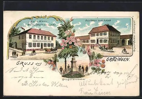 Lithographie Grötzingen / Durlach, Gasthaus zum Laub, Restaurant zur Linde, Kriegerdenkmal