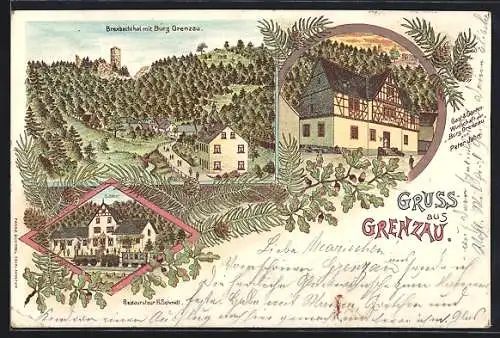 Lithographie Grenzau, Restaurant Burg Grenzau v. Peter Jahn, Bahnhof, Brexbachthal mit der Burg