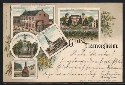 Lithographie Flamersheim, Restaurant von Casimir Flink, Burg Flamersheim, Krieger-Denkmal, Kath. Kirche, Evang. Kirche