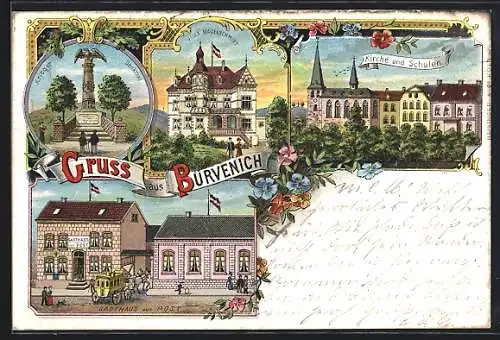 Lithographie Bürvenich, Gasthaus zur Post, Villa Nagelschmidt, Kirche & Schulen