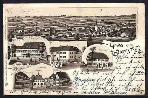 Lithographie Wiernsheim, Schulhaus, Rathaus, Gasthaus zum Waldhorn