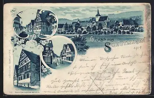 Lithographie Schützingen, Warenhaus der Post, Strassenpartien, Gesamtansicht