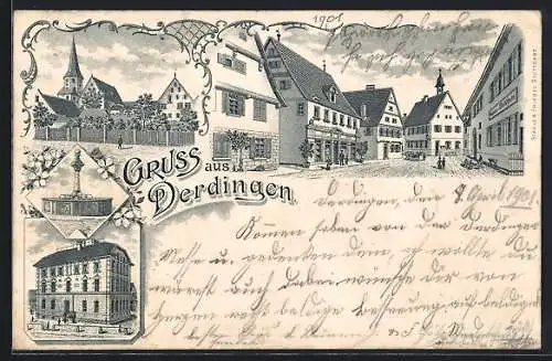 Lithographie Derdingen, Strassenpartie, Kirche, Denkmal