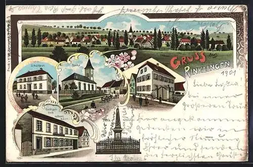 Lithographie Rinklingen, Totalansicht, Kirche, Schule, Pfarrhaus, Gasthaus zum goldenen Adler