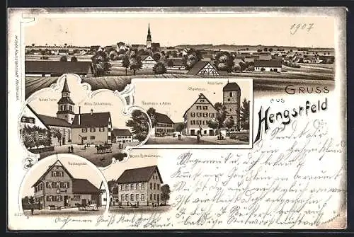 Lithographie Hengstfeld, Alte Schulhaus und Neuer Turm, Gasthaus z. Adler mit Pfarrhaus und Altem Turm, Postagentur