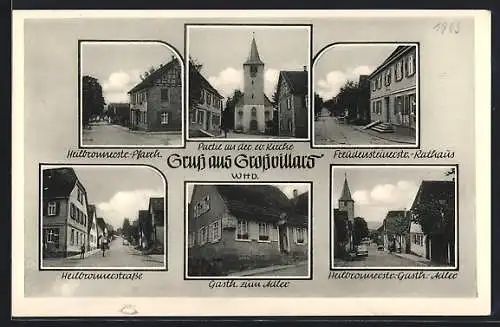 AK Grossvillars /Wttb., Heilbronnerstrasse, Freudensteinerstrasse, Gasthaus zum Adler, ev. Kirche