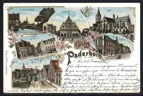 Lithographie Paderborn, Der Ausfluss der Pader, Rathaus, Dom, Marktplatz, Postamt, Kettenplatz