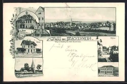 AK Brackenheim, Bahnhof, Rathaus, St. Johannis, Schloss, Schulhaus