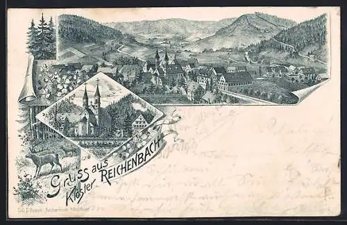 Lithographie Klosterreichenbach, Gesamtansicht, Kirche, Hirsche im Wald