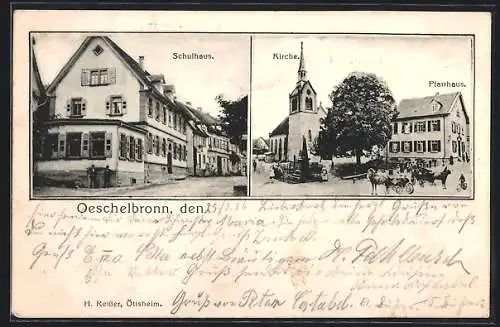 AK Oeschelbronn / Baden, Schulhaus mit Strasse, Kirchenpartie mit Pfarrhaus