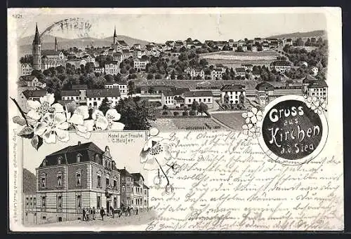 Lithographie Kirchen a. d. Sieg, Hotel zur Traube C. Heufer, Totalansicht aus der Vogelschau