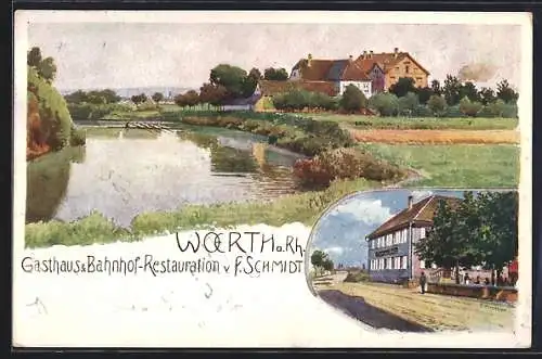 Lithographie Wörth a. Rh., Ortspartie, Gasthaus & Bahnhof-Restauration v. F. Schmidt