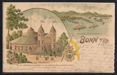 Lithographie Bonn a. Rh., Generalversammlg. d. Katholiken 1900: Festhalle, Fest-Dampferfahrt mit Siebengebirgsblick