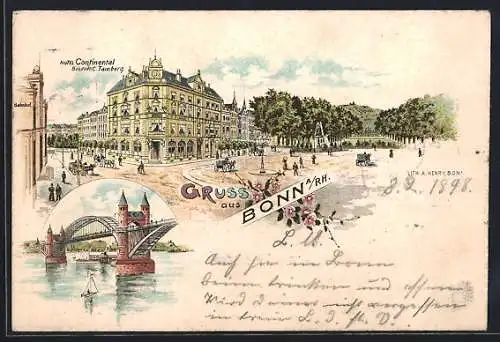 Lithographie Bonn a. Rh., Hotel Continental C. Tamberg mit Strassenkreuzung und Fontainen-Anlage, Rheinbrücke