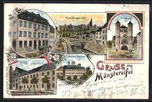 Lithographie Münstereifel, Hotel Müller, Jesuitenkirche u. Gymnasium, Ortspartie mit Ruine, Mädchen-Pensionat