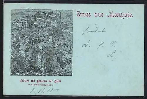 Lithographie Montjoie, Schloss und Stadtzentrrum vom Rahmenberg aus