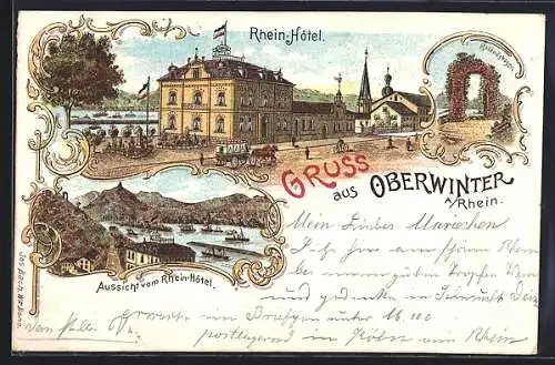 Lithographie Oberwinter a. Rhein, Rhein-Hotel mit Strasse und Rhein, Rhein-Aussicht, Rolandsbogen