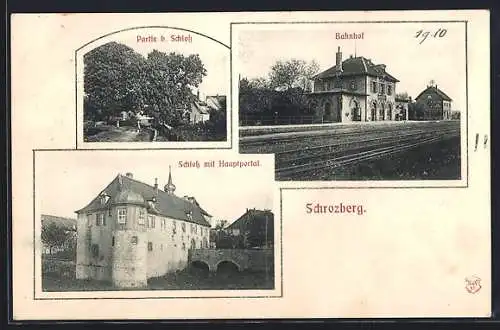 AK Schrozberg, Bahnhof von den Gleisen aus, Schloss mit Hauptportal, Partie b. Schloss