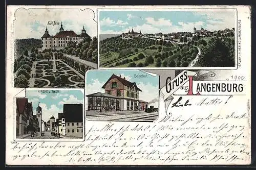 Lithographie Langenburg, Schloss, Kirche und Tor, Bahnhof