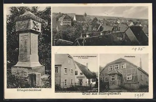 AK Billingsbach, Handlung, Brot- und Feinbäckerei v. K. Kleinert, Liederhalle, Kriegerdenkmal