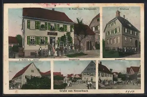 AK Nesselbach, Gasthaus zur Krone, Gemischt-Warengeschäft M. Funk, Schulhaus