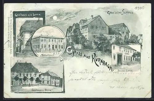 Lithographie Kürnbach / Baden, Gasthaus zum Lamm, Gasthaus zur Sonne, Schulhaus