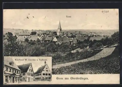 AK Oberderdingen, Kaufhaus W. Jourdan und Rathaus, Totalansicht