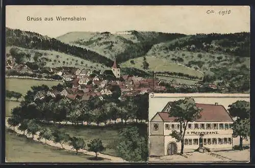 Künstler-AK Wiernsheim, Gasthaus von H. Preisendanz, Teilansicht