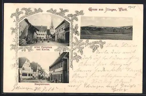 AK Illingen / Württ., Ortsansicht, Alter Postplatz und Kirche, Hauptstr.
