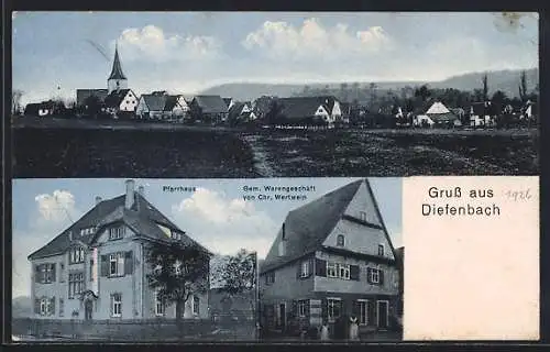 AK Diefenbach, Gemischt-Warengeschäft von Chr. Wertwein, Pfarrhaus, Teilansicht