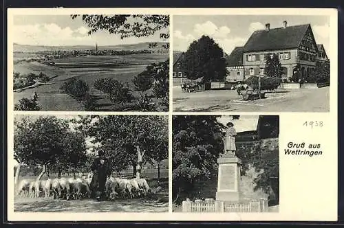 AK Wettringen / Mittelfr., Strassenpartie, Denkmal, Hirte mit Schafen