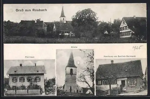 AK Reubach, Handlung von Gottlieb Reinhardt, Kirche, Pfarrhaus