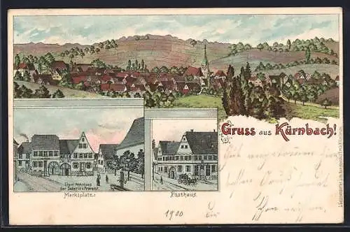 Lithographie Kürnbach / Baden, Ehem. Wohnhaus der Seherin v. Prevorst, Marktplatz, Posthaus