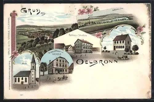 Lithographie Oelbronn, Versandhaus v. Kächele, Rathaus u. Schulhaus