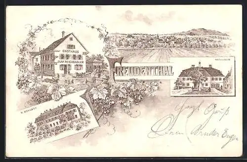 Lithographie Freudental, Gasthaus zum Reichsadler, Rathaus, K. Schloss