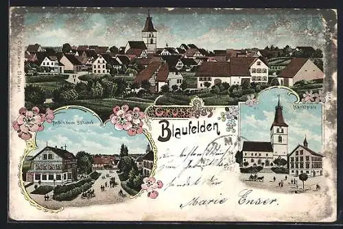 Lithographie Blaufelden, Partie beim Bahnhof, Marktplatz, Gesamtansicht