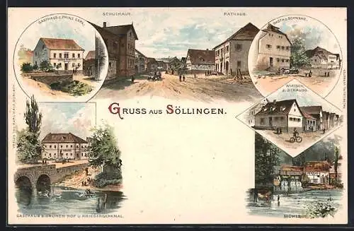 Lithographie Söllingen / Durlach, Gasthaus zum Prinz Carl, Gasthof zum Schwane, Gasthaus zum Strauss